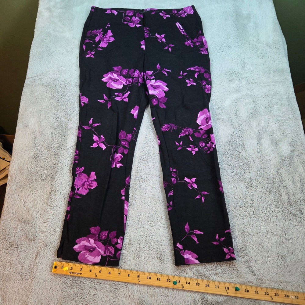 Chico's Floral Pants Womens Sz 8 Slim Leg Stretch Rose Print Black Pull On